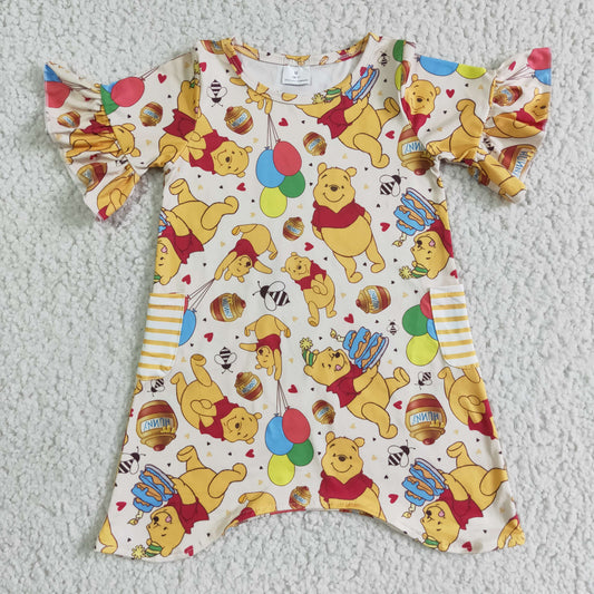 baby girls short sleeve bear print pocket dress