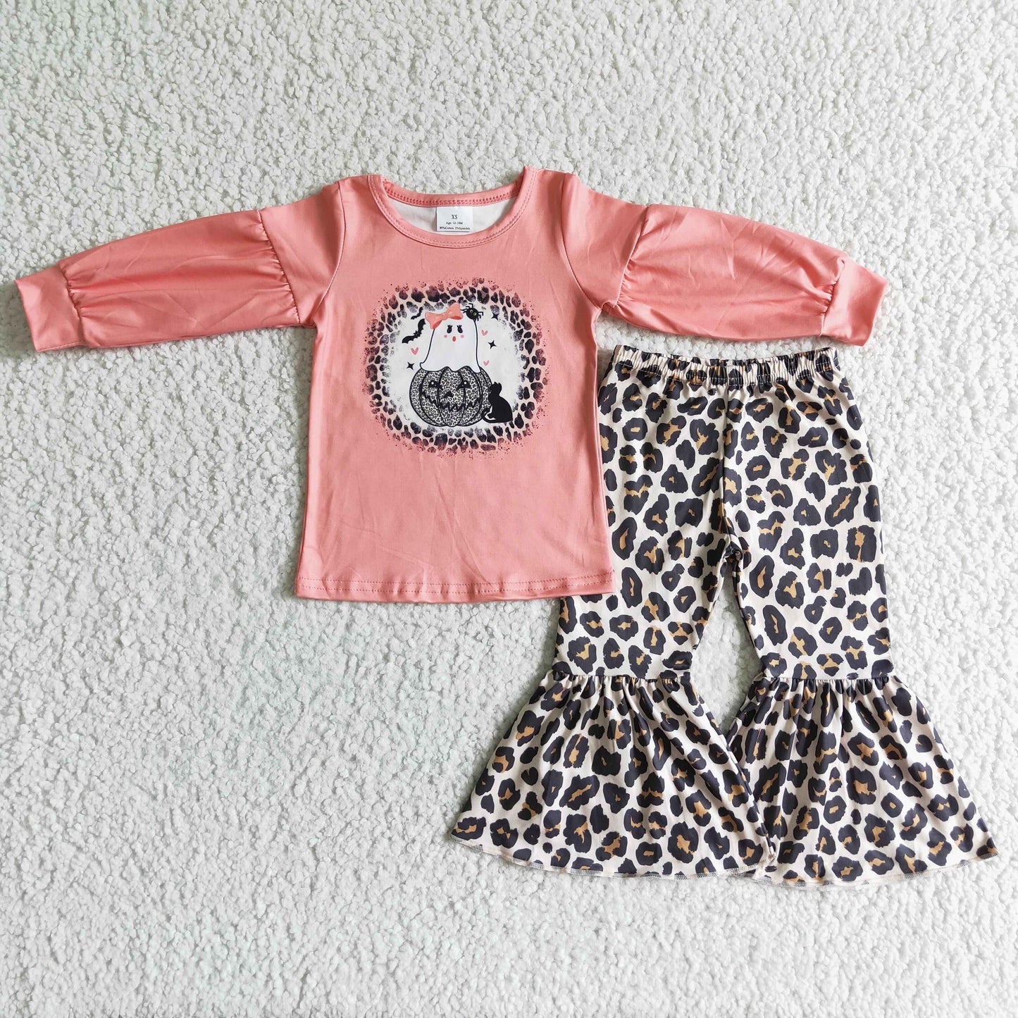 long sleeve Halloween pumpkin top leopard bell pants 2pcs outfit