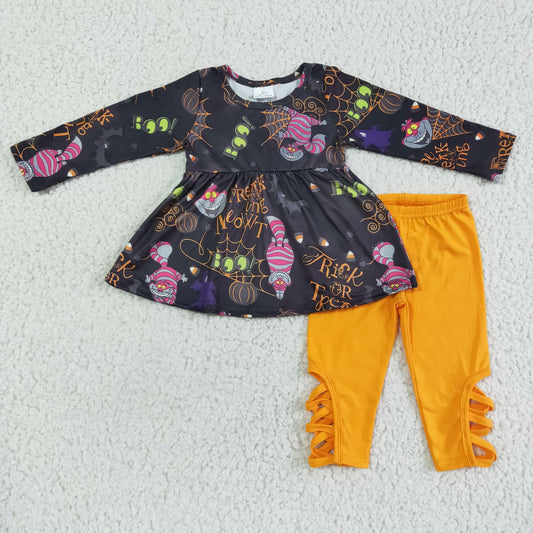 kids girls long sleeve cartoon print Halloween tunic top ruffle pants outfit