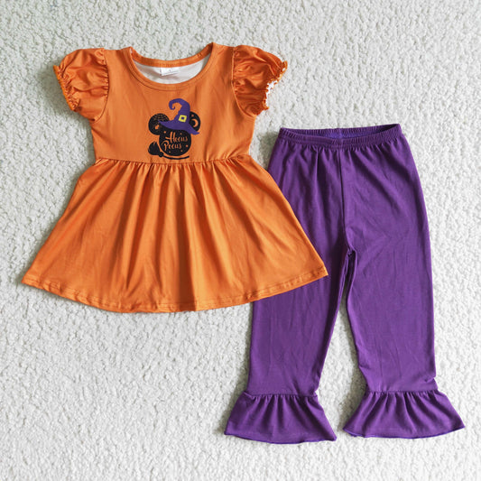 kids girls short sleeve orange top purple pants Halloween outfit