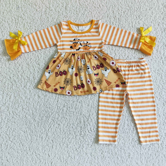 kids girls long sleeve tunic top stripes pants Halloween pumpkin outfit