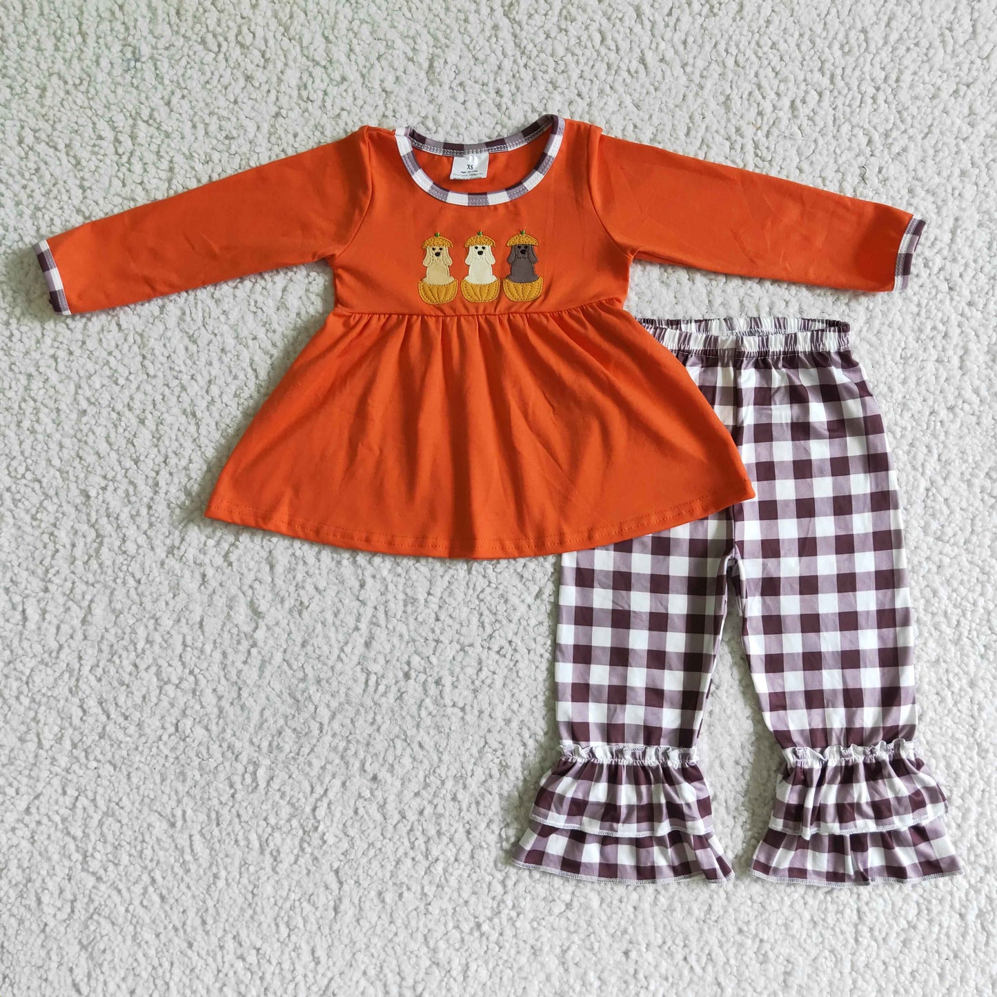 Girls long sleeve girls  print pumpkin tunic top plaid pants outfit