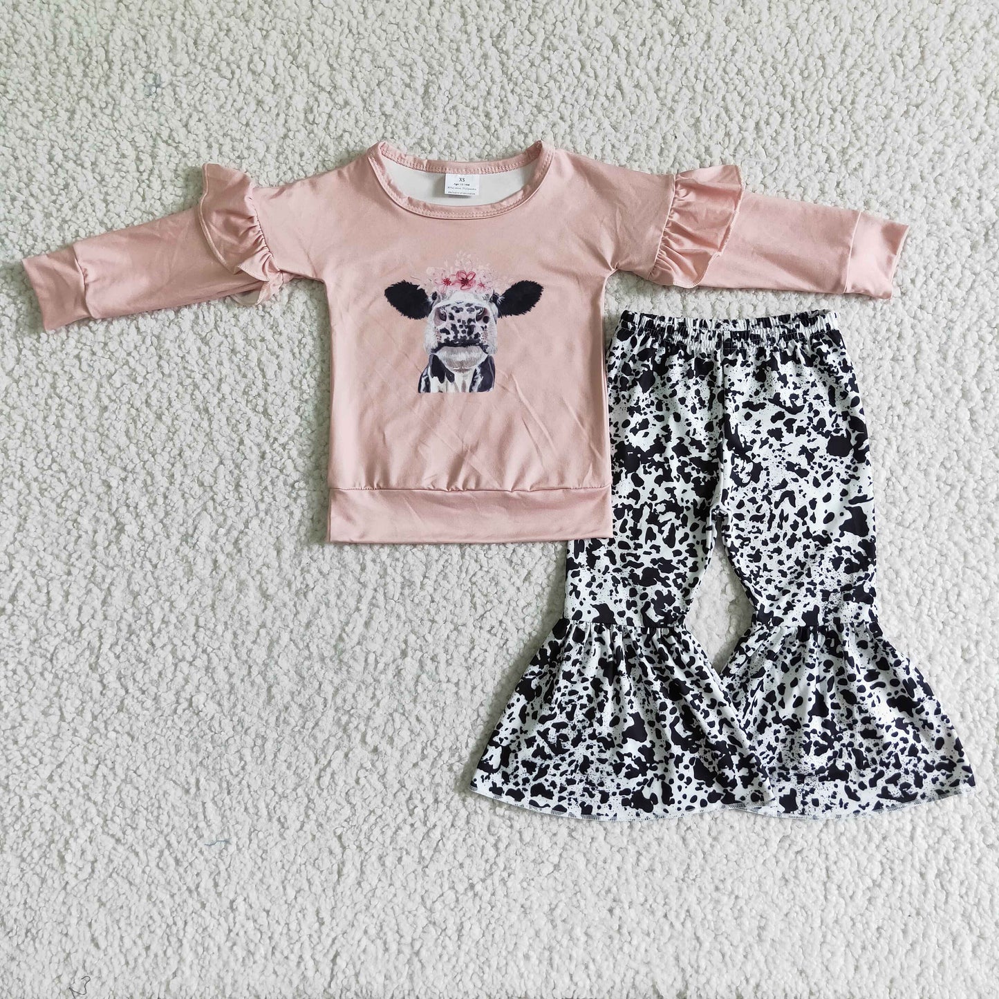 baby girls cow long sleeve pink top bell bottom pants outfit