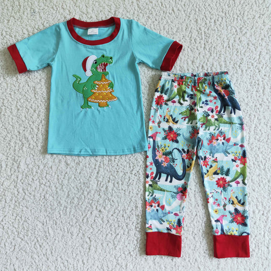 Boy Embroidery Christmas Dinosaur short sleeve pajama set