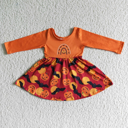 Girls long sleeve pumpkin bat print Halloween dress