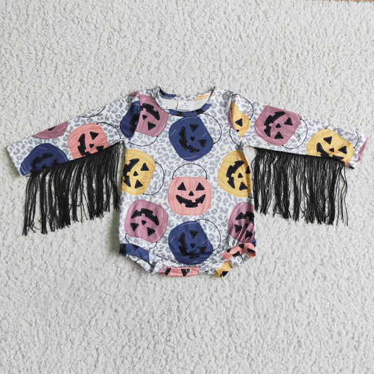 girls long sleeve Halloween pumpkin fringe romper