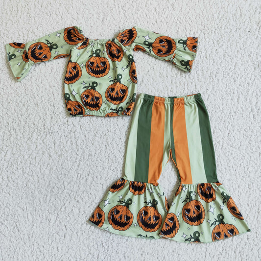 kids girls  long sleeve pumpkin Halloween 2pcs outfit