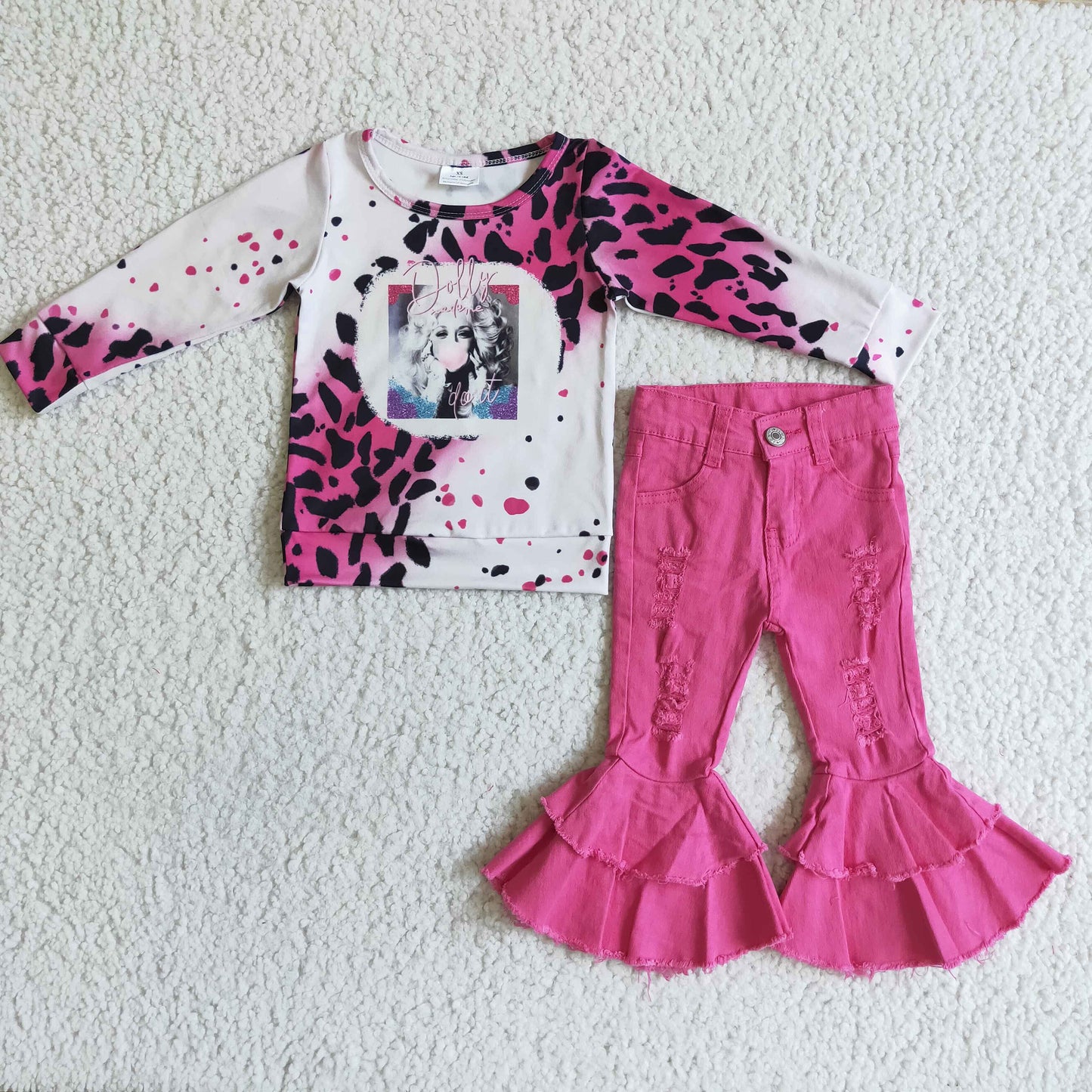 girls long sleeve  top hot pink denim pants