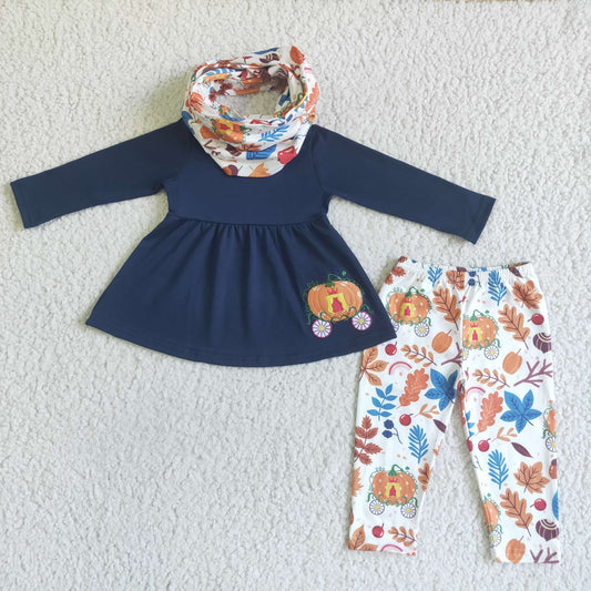 girls Long sleeve embroidery design pumpkin tunic top leggings scarf 3pcs outfit
