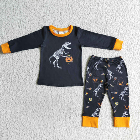 boy long sleeve Halloween pumpkin dinosaur print  pajama set