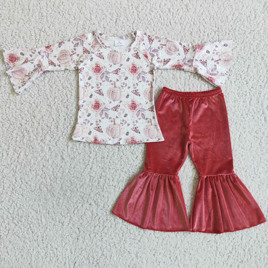 girls long sleeve floral pumpkin top pink velvet pants outfit