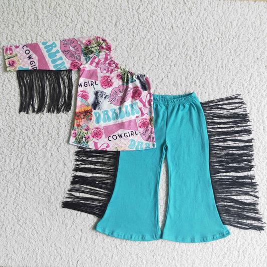 one shoulder girl top fringe pants outfit