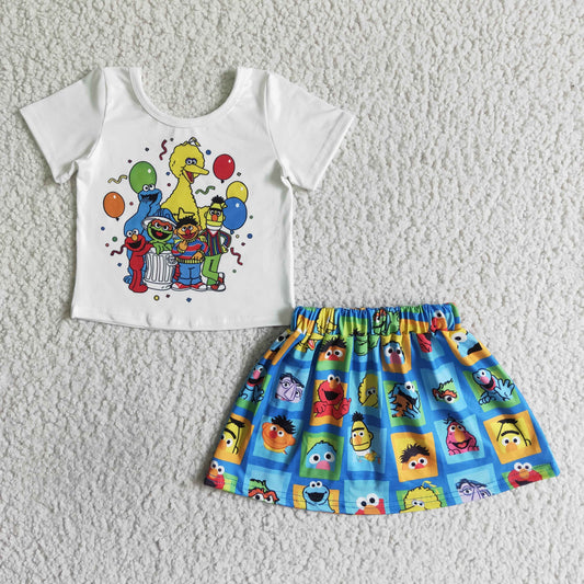 baby kids short sleeve white cartoon top skirt 2pcs outfit