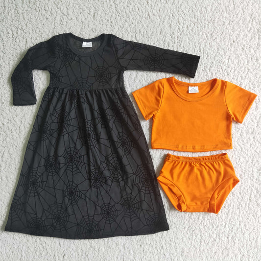 infant baby girls long sleeve spierweb tulle dress cotton bummie sets 2pcs Halloween outfit