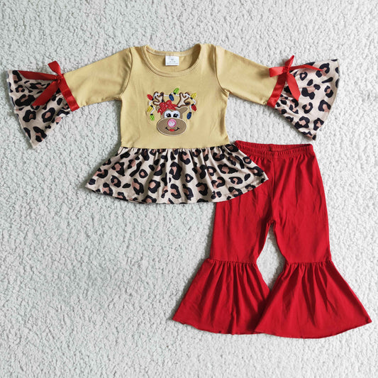 baby girls embroidery reindeer leopard ruffle Christmas outfit