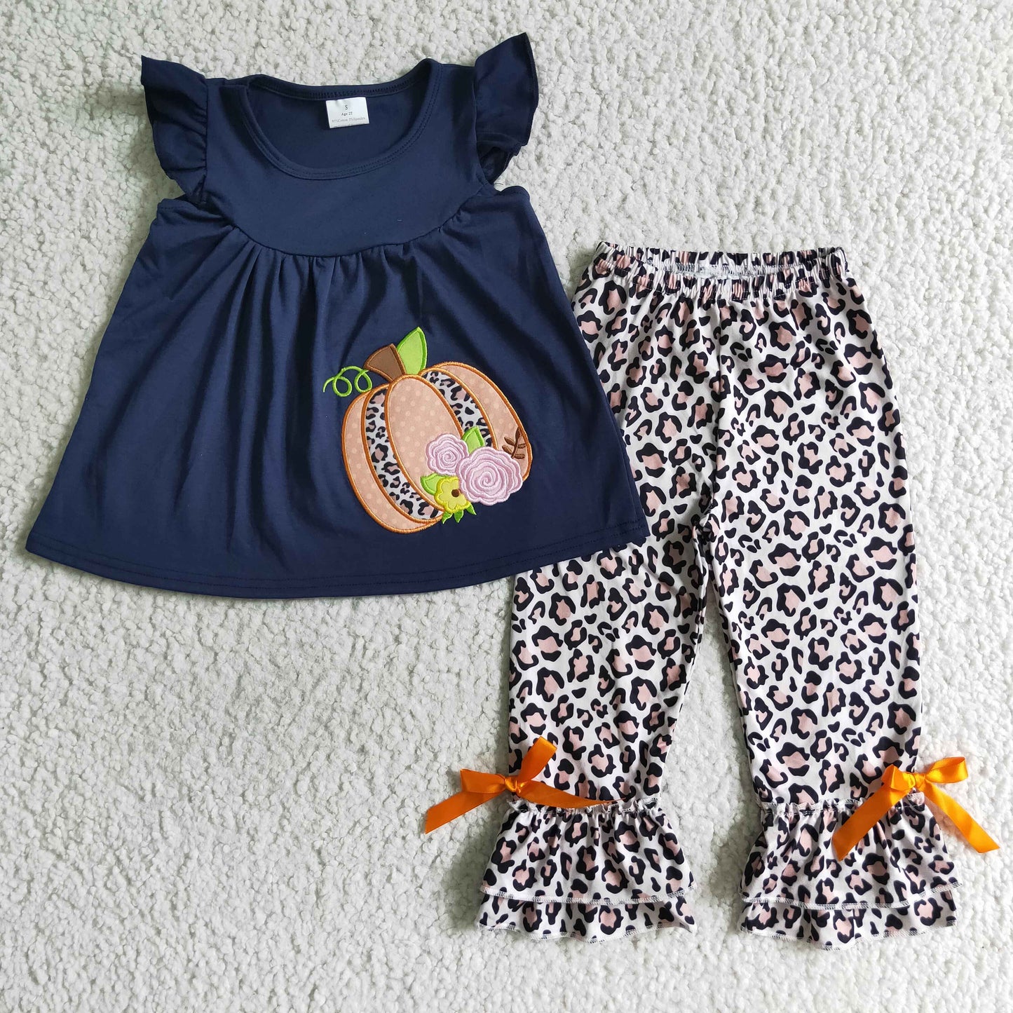 girls navy pumpkin top leopard bell pants outfit