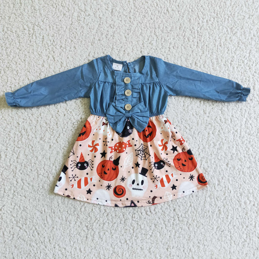 girls long sleeve denim top Halloween pumpkin dress