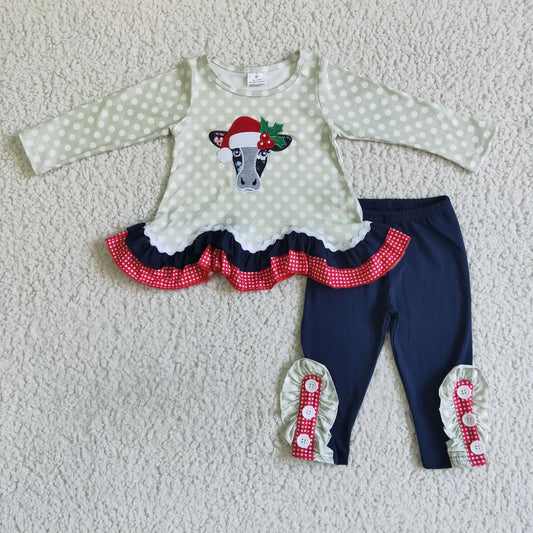 kids girls long sleeve Christmas embroidery cow outfit