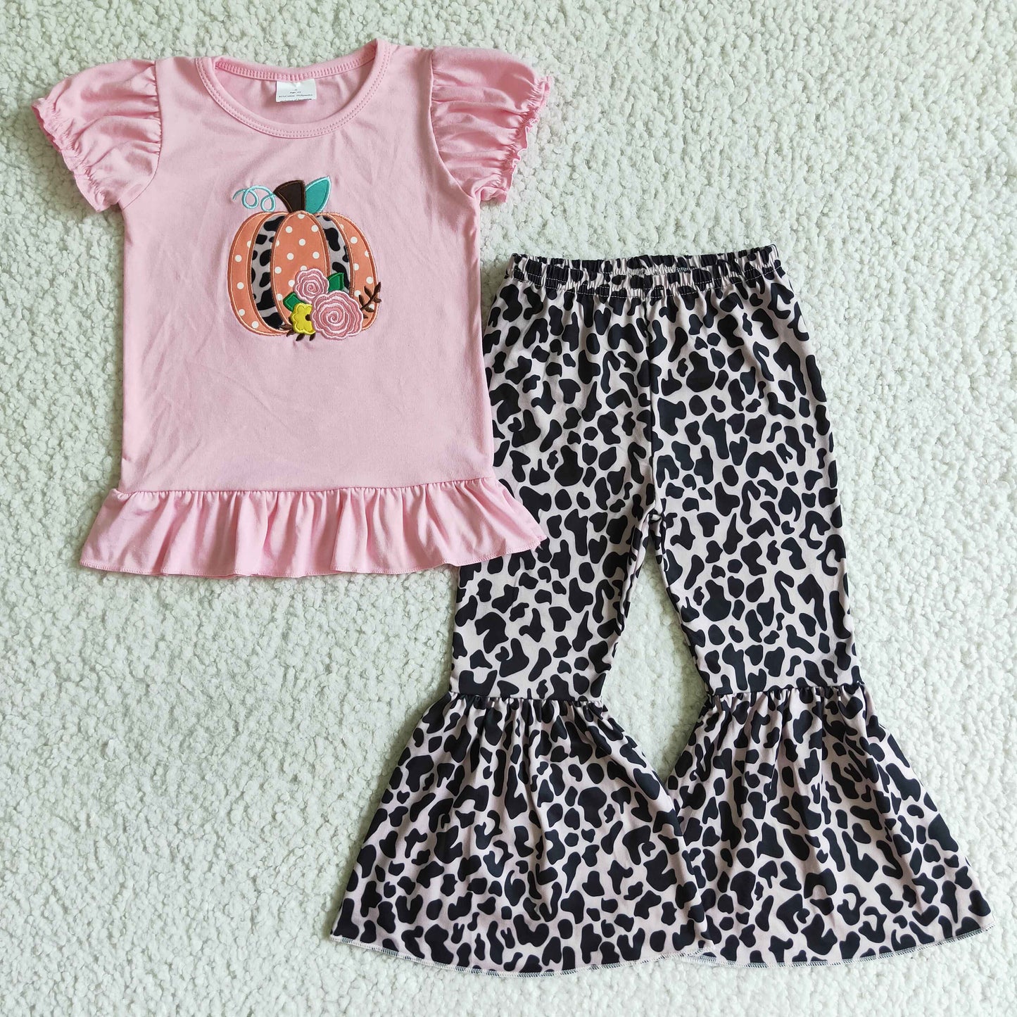 girls short sleeve embroidery pumpkin cow pants clothing set