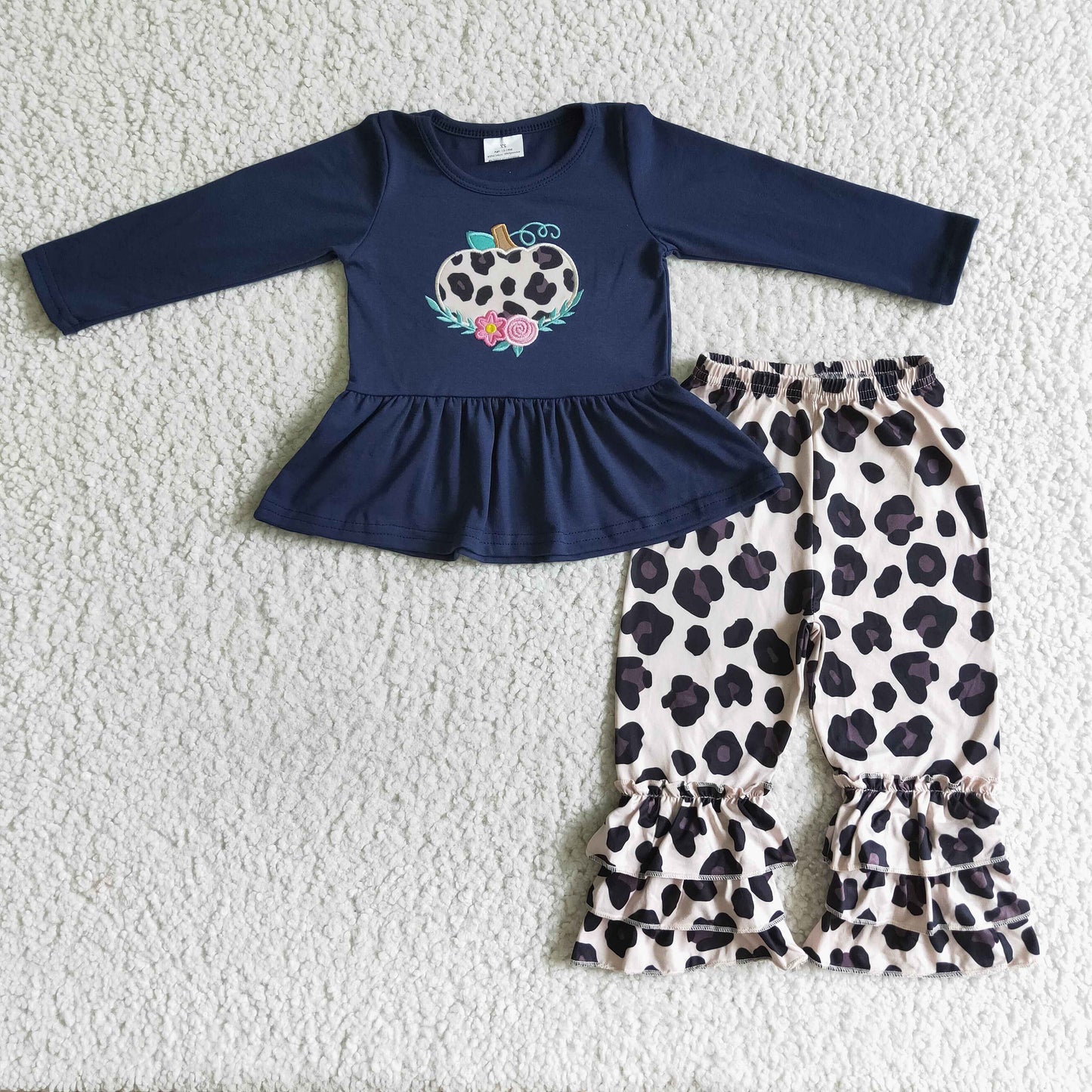 kids girls long sleeve embroidery  leopard pumpkin outfit