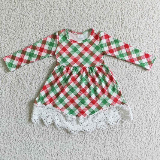 girls long sleeve red green white plaid Christmas dress with lace ruffle
