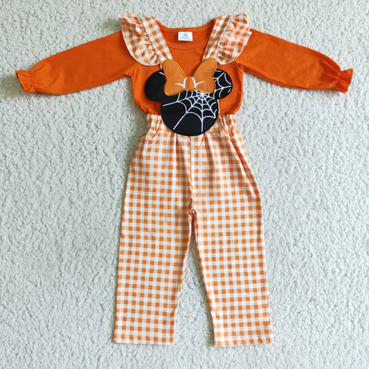 Baby girls long sleeve orange top Halloween suspender pants outfit