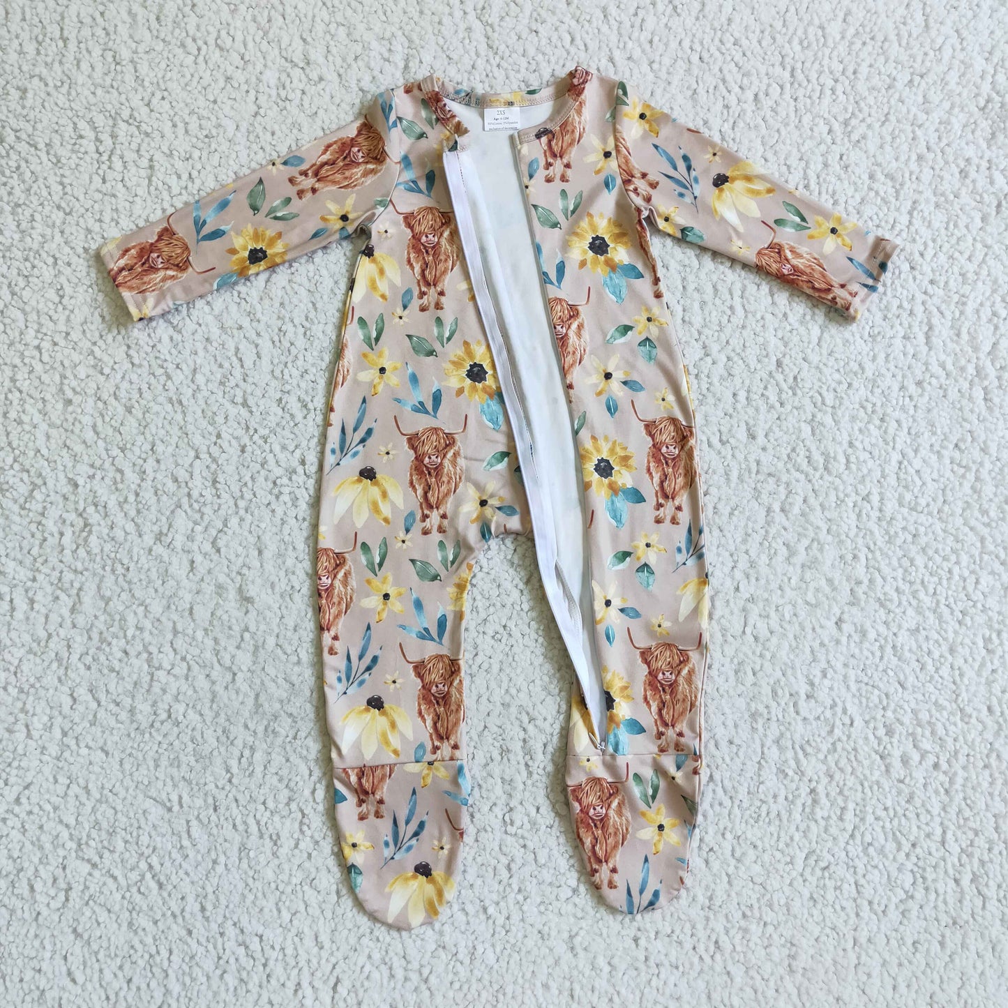 baby girls floral  highland cow print footie romper