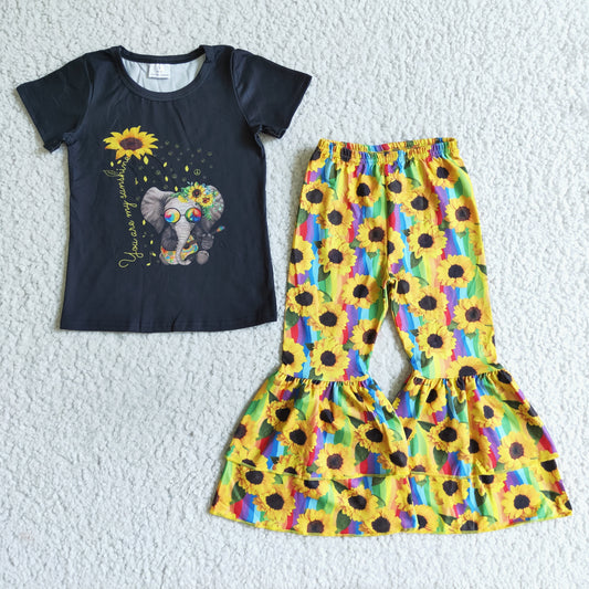 Promotion baby girls elephant sunflower design summer outfits