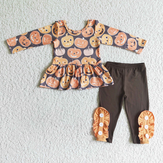 baby girls long sleeve Halloween pumpkin tunic top brown leggings outfit