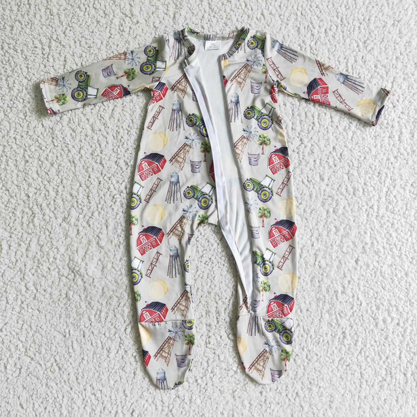 boys farm print footie romper