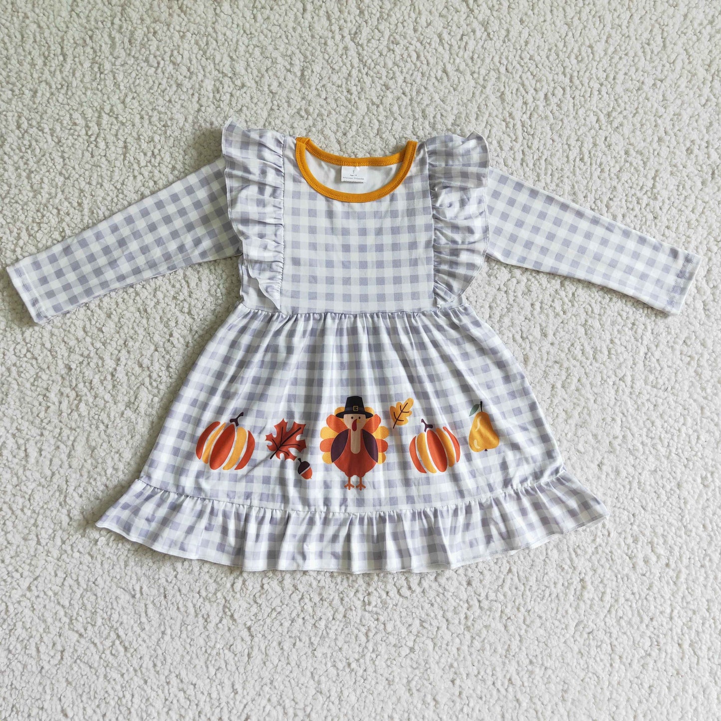 baby girls long sleeve grey plaid turkey pumpkin Thanksgiving dress