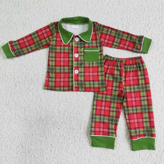 boy long sleeve red green plaid print 2pcs pajama set