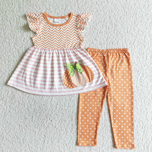 girls pumpkin tunic top polka dots leggings fall outfit