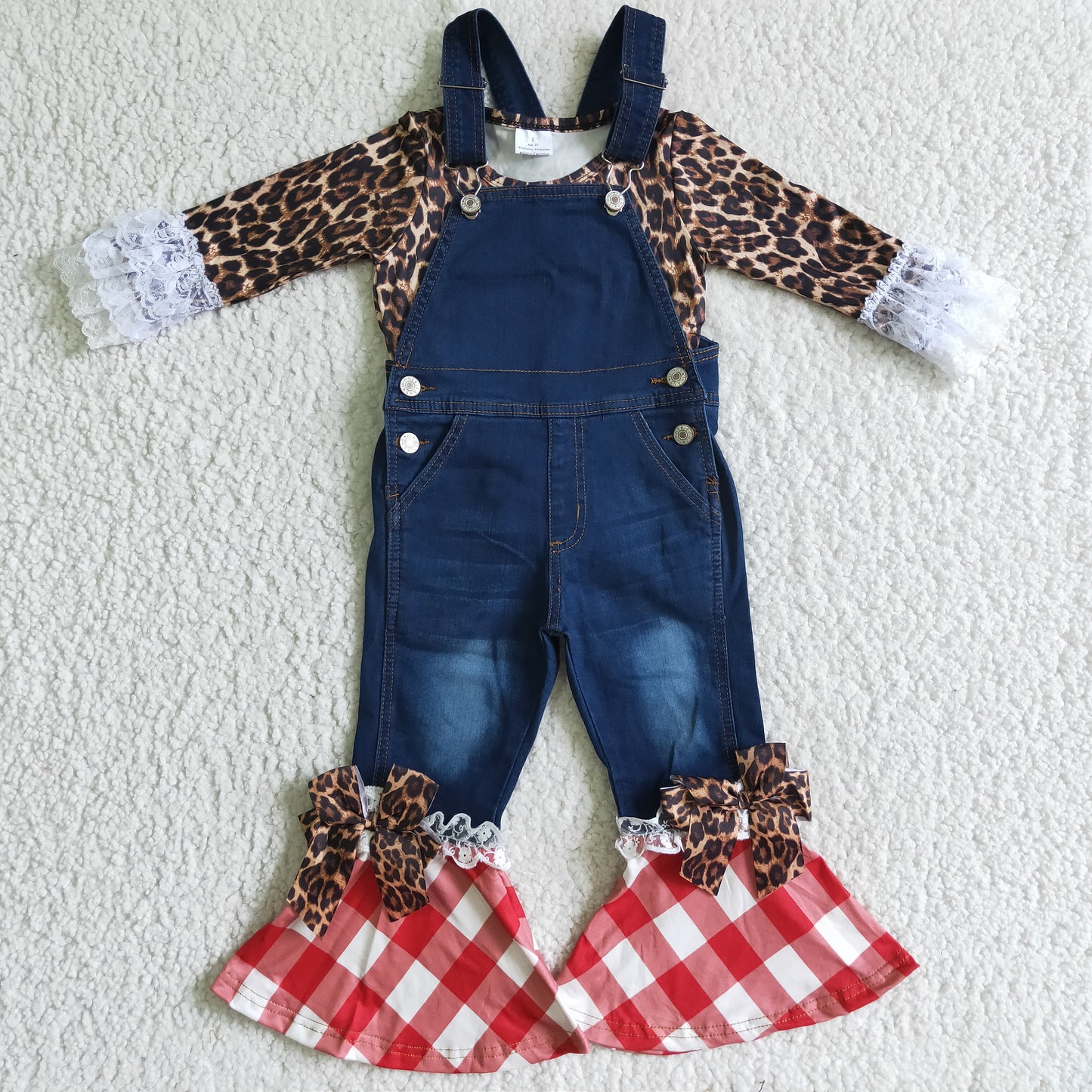 baby girls leopard long sleeve top denim suspender pants outfit