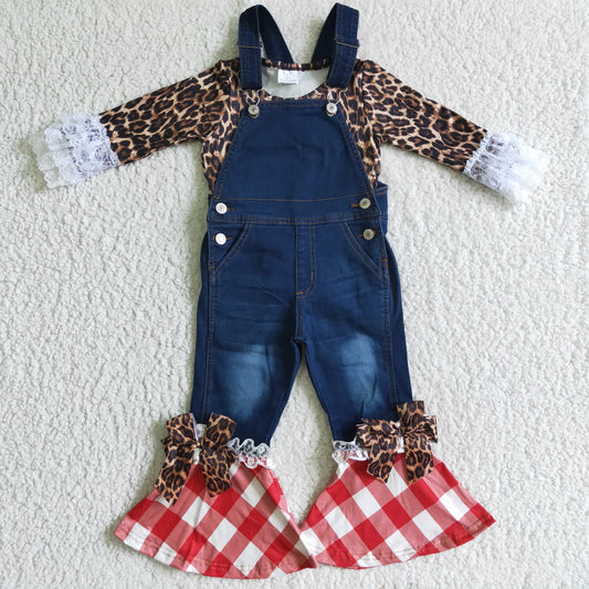 baby girls leopard long sleeve top denim suspender pants outfit