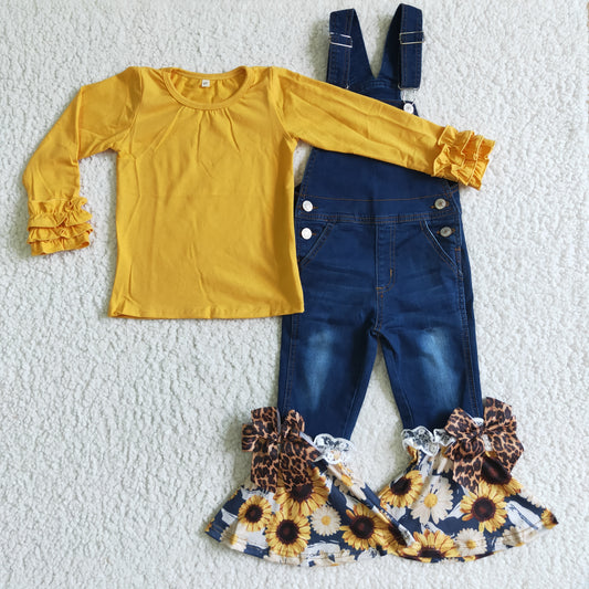 baby girls long sleeve top denim suspender pants outfit