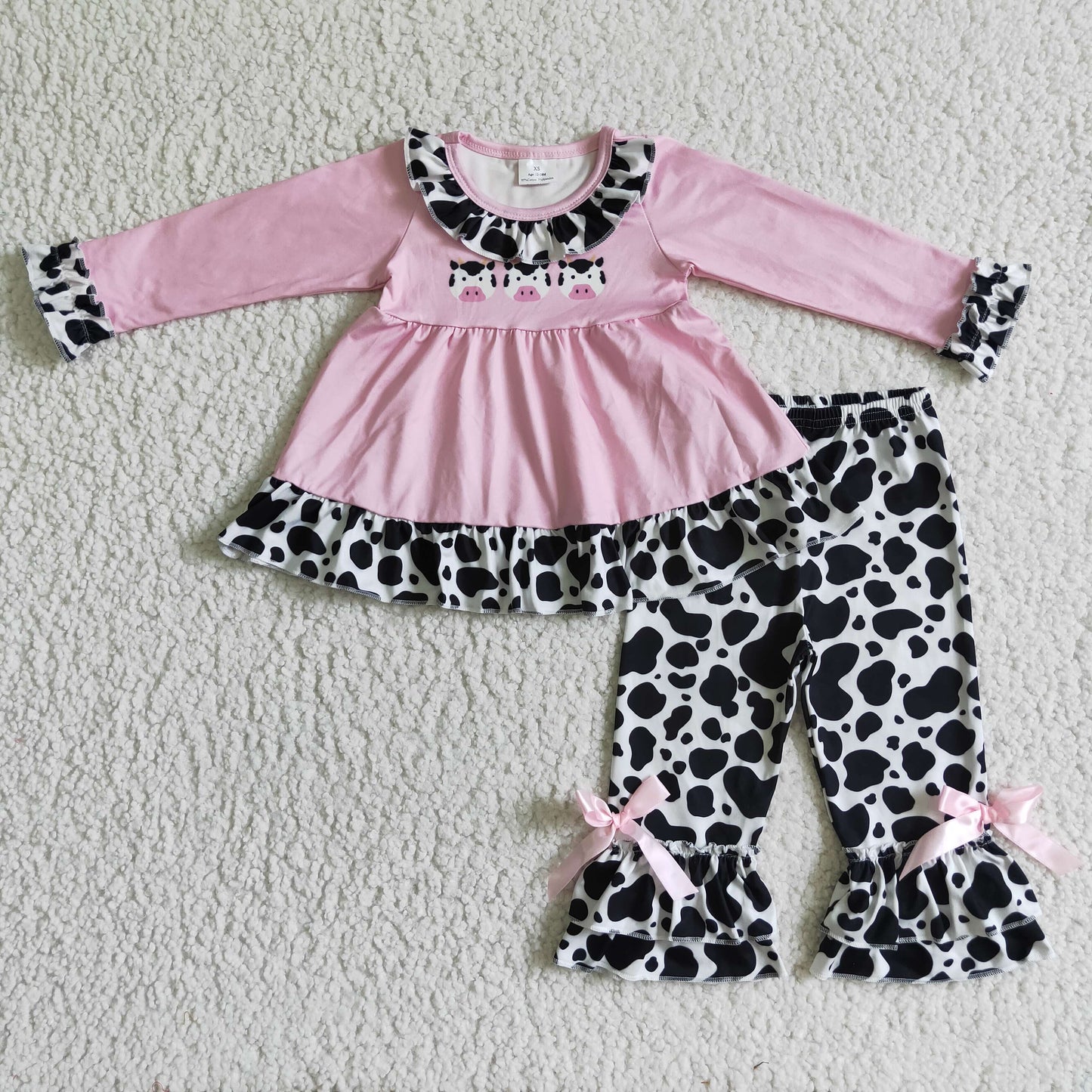 baby girl long sleeve cow print pink top ruffle pants outfit