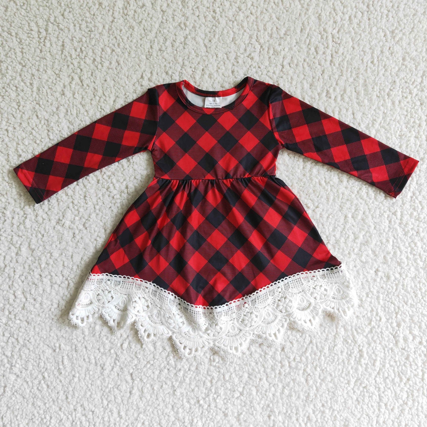 girls long sleeve red black plaid Christmas dress with lace ruffle