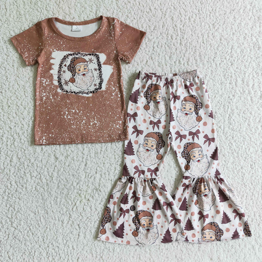 girls santa claus print khaki top leopard tree pants outfit