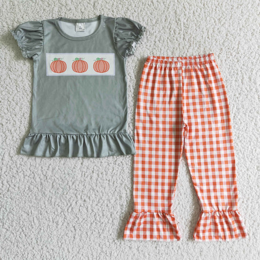 Three pumpkin top plaid pants outfit