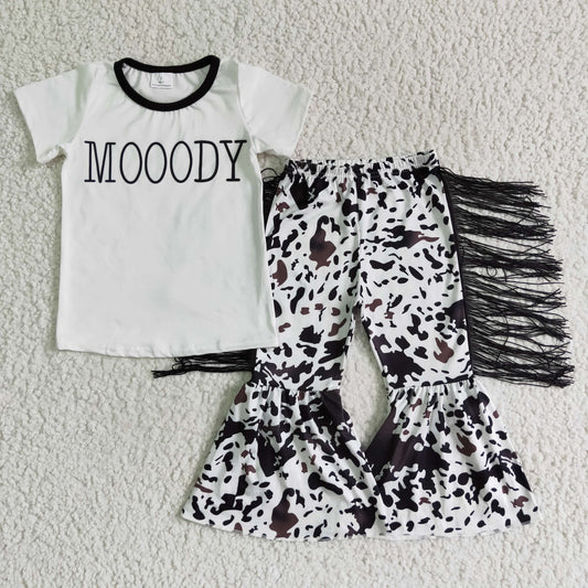 girls moody letter print 2pcs bell bottom pants set