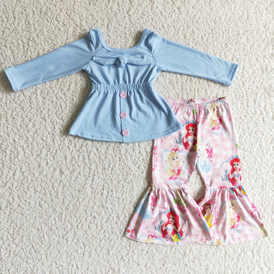 baby girls long sleeve blue bowknot top princess bell pants outfit