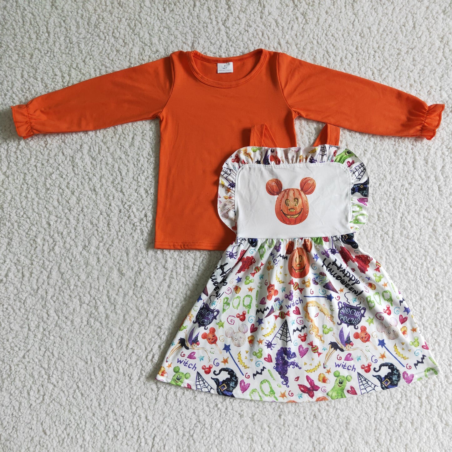 girls orange long sleeve top Halloween pumpkin overall skirt 2pcs outfit