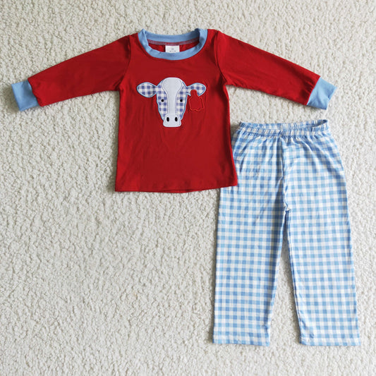 boy red long sleeve cow top plaid pants Christmas pajama set