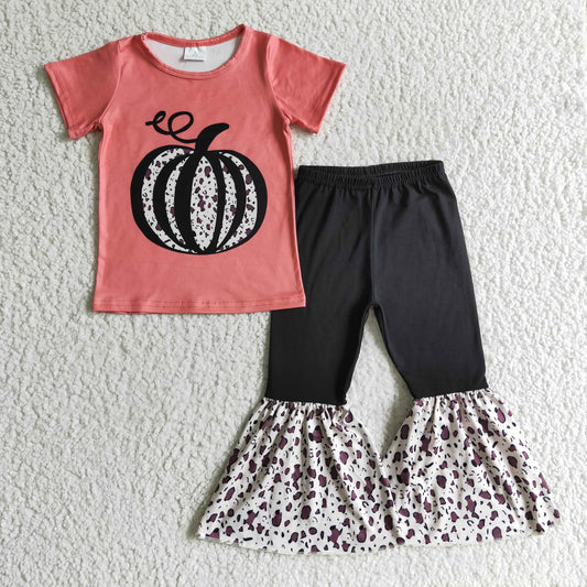 girl short sleeve leopard pumpkin outfit