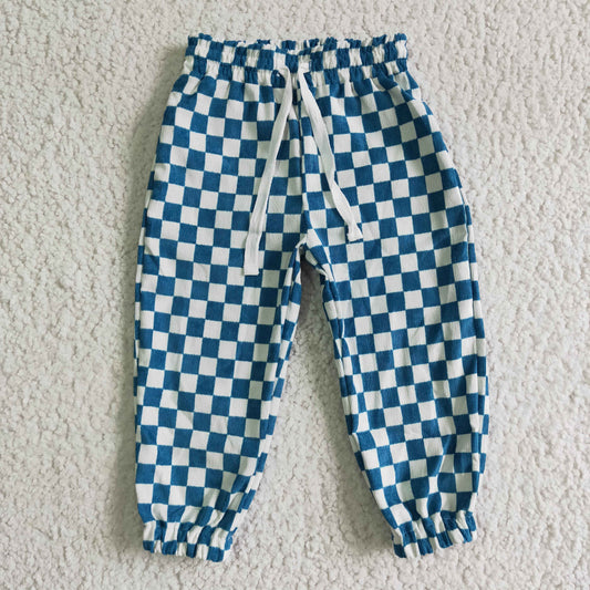 kids white dark blue plaid long pants，P0018