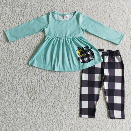 baby girls blue pumpkin top plaid pants outfit