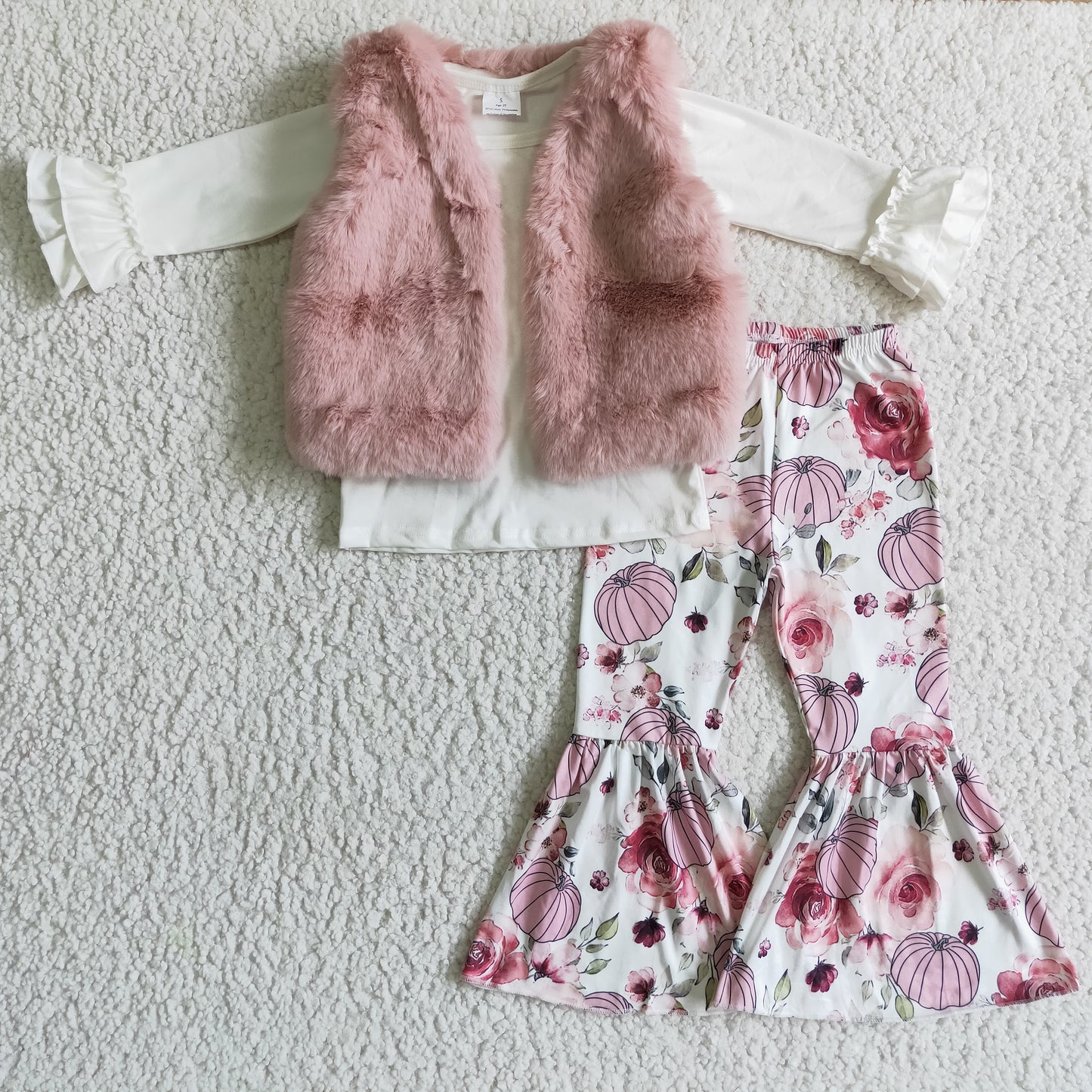Girls pink faux fur vest fall outfit 3pcs