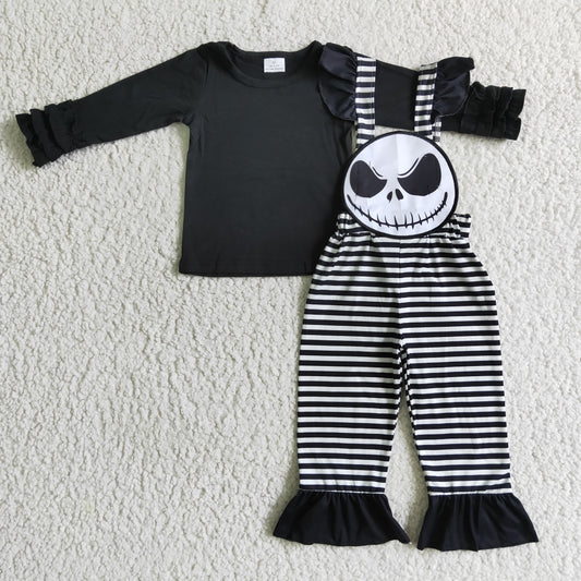 Baby girls long sleeve black top Halloween suspender pants outfit