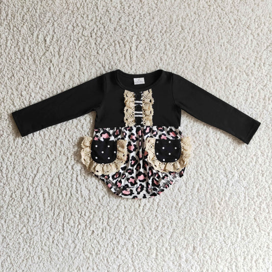 baby girls  long sleeve leopard print pocket romper